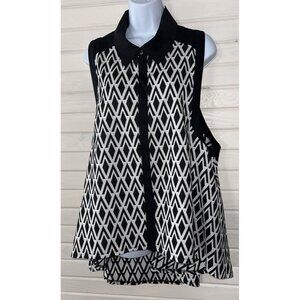 Ruti Sz L/XL Black White Geo Print Swing  Jacket Vest Sleeveless Zip Pockets EUC